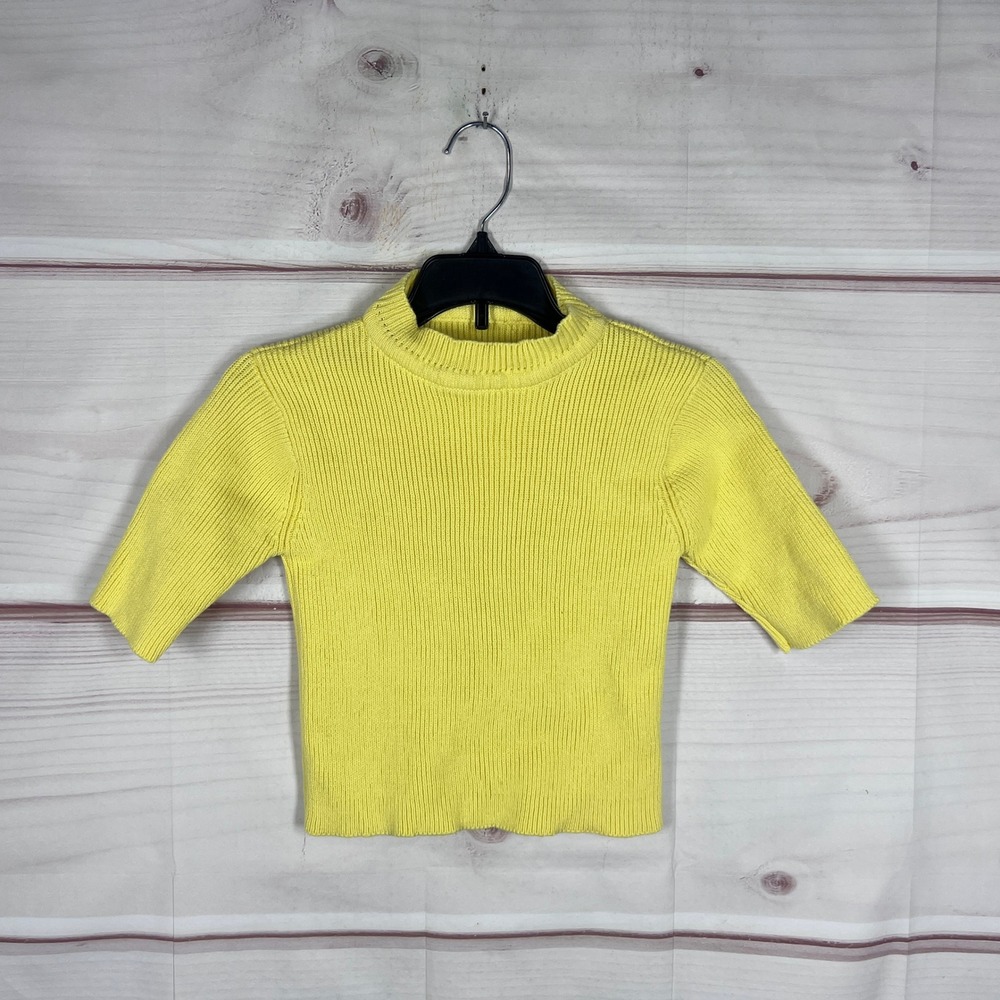 Arthur Apparel Sweater Womens 2 Yellow Ribbed Knit Mock Neck Short Sleeve Crop